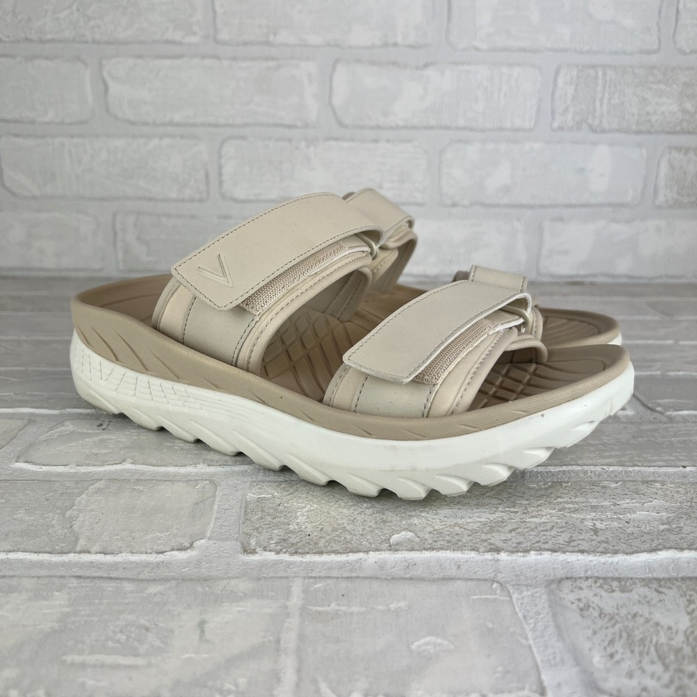 Vionic Renewal Recovery Slides Sandals Womens 9 Men 7.5 Beige 2-Strap Hook Loop